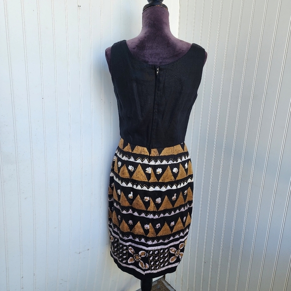 Richie Freeman For Teri Jon Black Tan Beige 100% Linen Sleveless Aztec Dress 6 - Picture 12 of 14